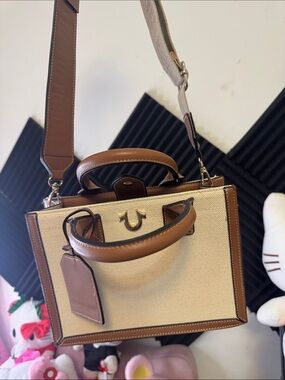 True Religion Beige Canvas Satchel with Brown Trim